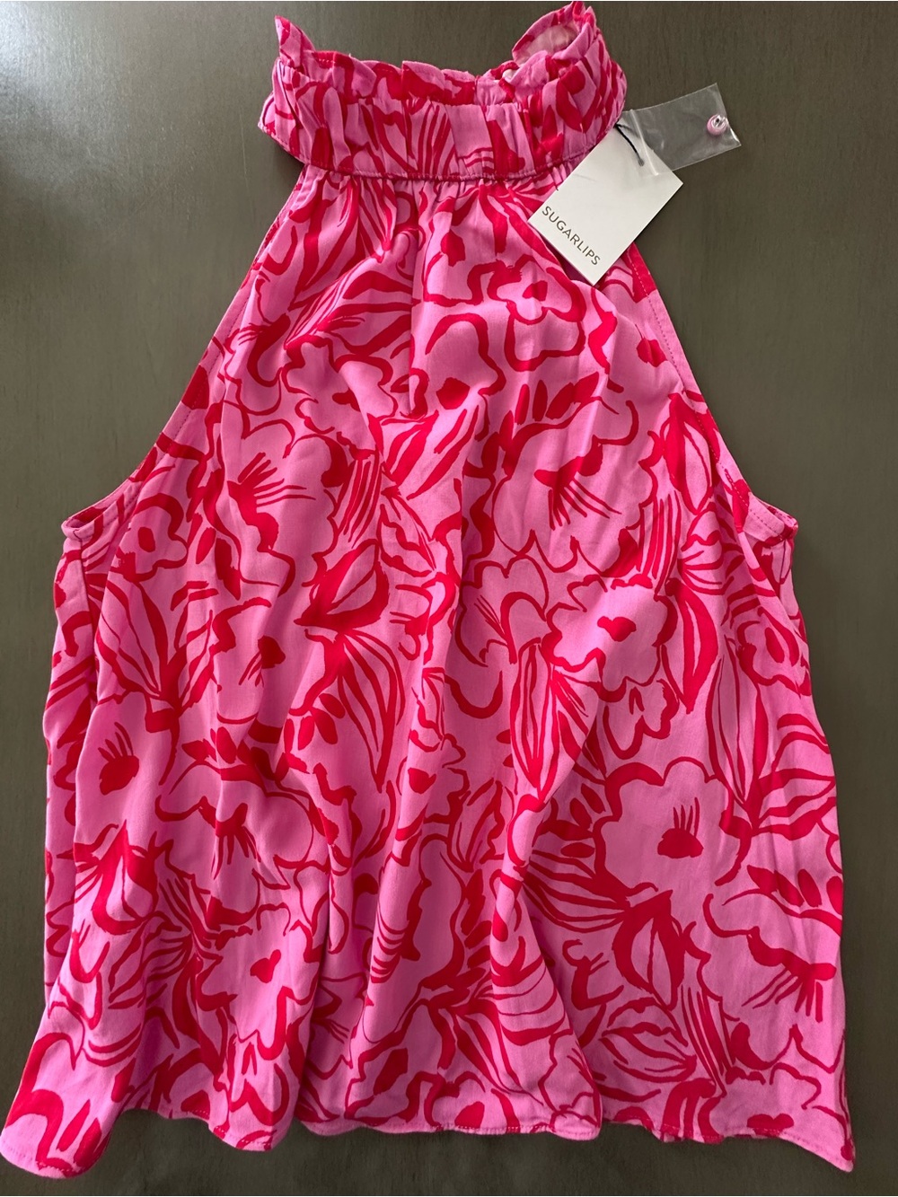 Sugarlips Pink and Red Halter Top Malia Floral Malpais Shirred Trapeze - Picture 7 of 10